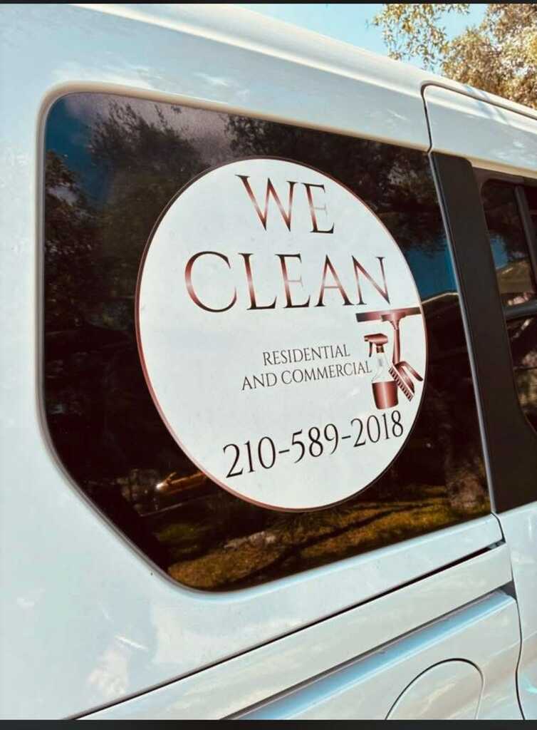 The We Clean logo decal on the company van in San Antonio