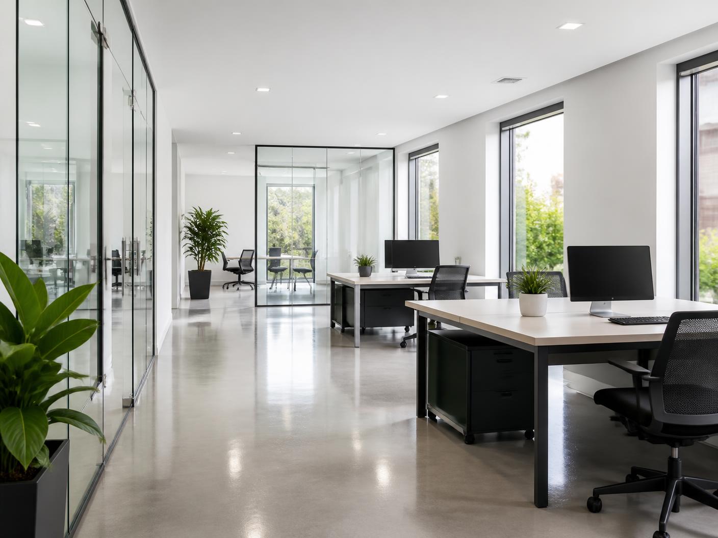 Bright San Antonio office with clean glass partitions and tidy desks after a commercial cleaning