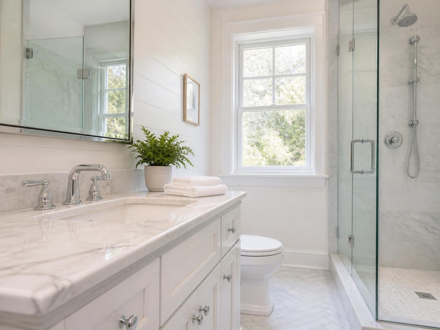 Sparkling white bathroom with polished glass shower and clean vanity