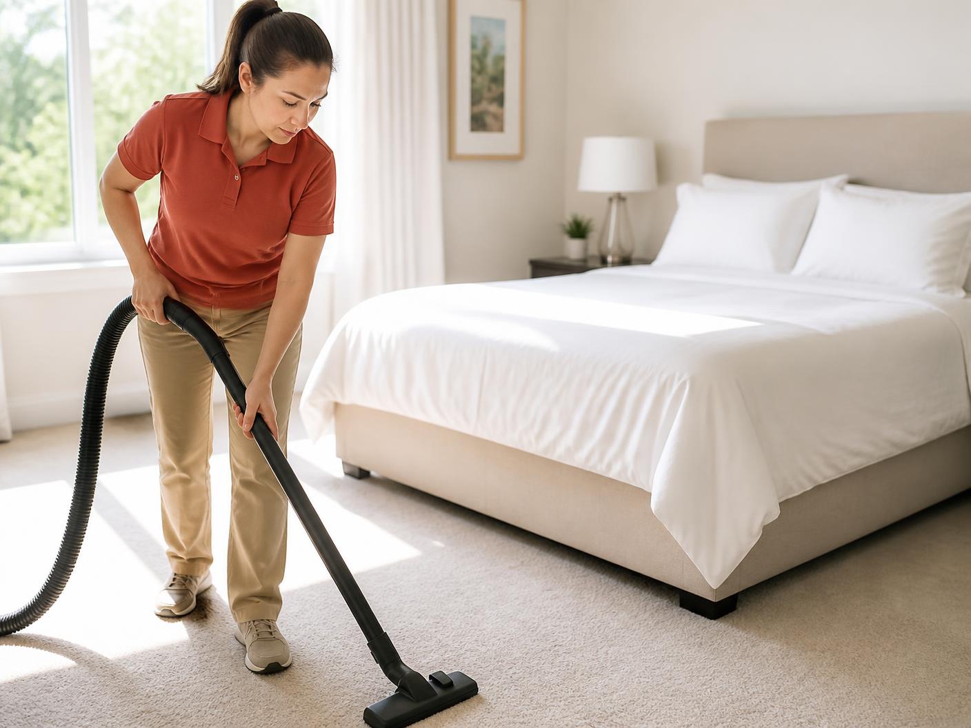 Team member vacuuming a neatly made bedroom