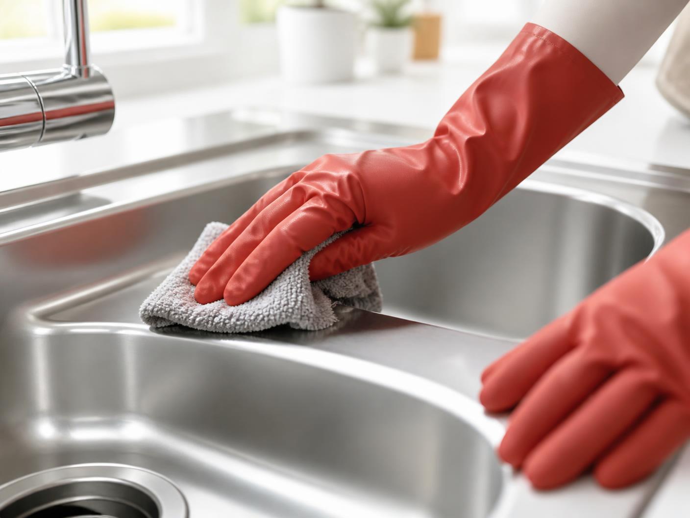 Close-up of a stainless steel kitchen sink being scrubbed by hand