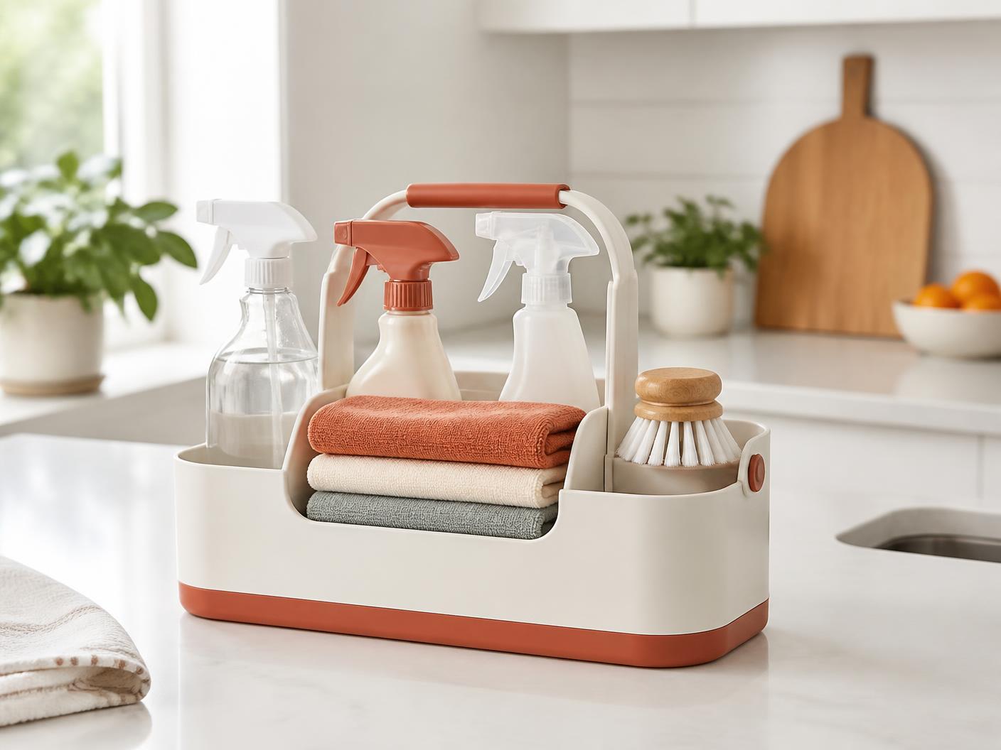 Tidy caddy of cleaning supplies and folded microfiber cloths on a counter